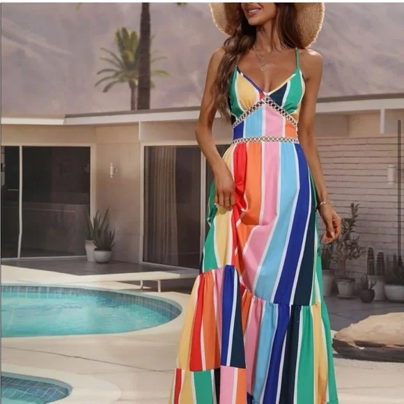 Colorful Rainbow Striped Ruffle Dress - Picture 2 of 9